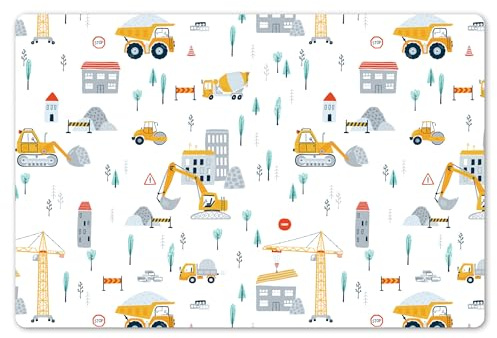 KitchenYeah© Placemats para Mesa Comedor Set 6 45x30 cm Manteles Individuales Lavables PVC Antideslizantes Estilo Elegante Niño - Obra De Construcción - Excavadora - Grúa - Patrón