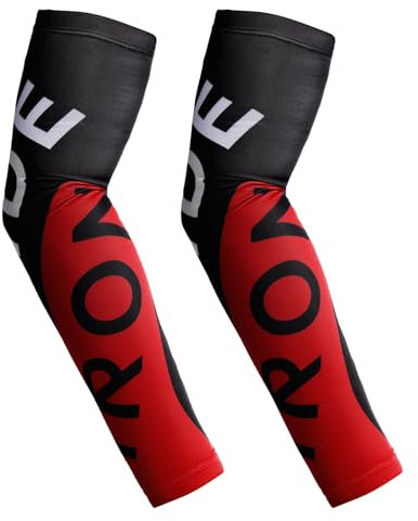 RIDEIRON Mangas para brazos protección sol hombres y mujeres, protección UV UPF 50+, refrescantes, transpirables, antideslizantes para motociclismo, senderismo, correr o pescar,Negro-Rojo,L