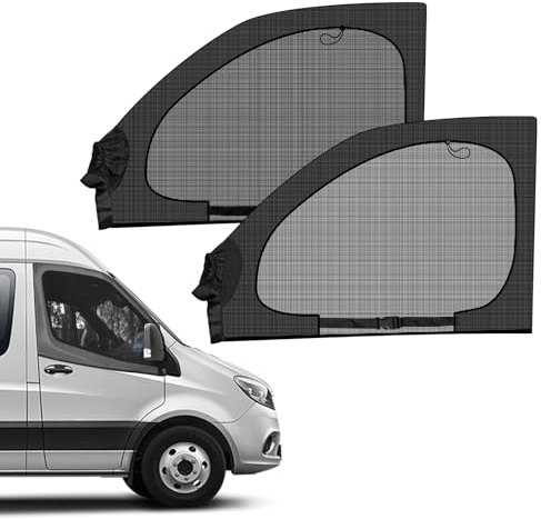 Parasol de Ventana Delantera y Cubierta Oscurecedora con Privacidad, Mosquitera Magnética para Puertas Delanteras (Par) - Tamaño Universal para Autocaravanas y Coches. Accesorio de Vida en Furgoneta