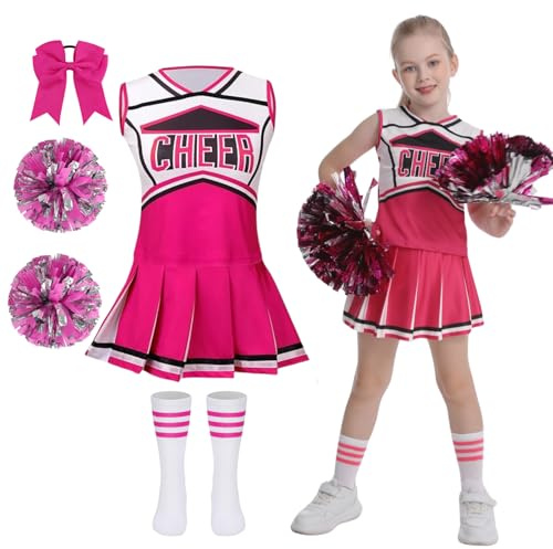 DELIVESS Cheerleader Costum for Girls Cheerleading Outfit Kids School Cheer Uniform 5 Pcs Set for Halloween Party Dress up