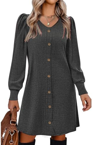 Vossmi Vestido Punto Casual para Mujer Suéter de Punto Vestidos Tipo Jersey Vestido Ligero Pullover Fiesta Falda Primavera Gris Oscuro,XL