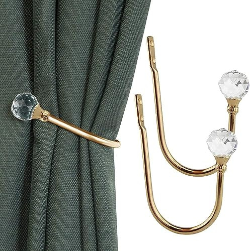COCIVIVRE 2 Pack Curtain Holdbacks Wall Mounted Curtain Tiebacks Hooks Glass Crystal U Shape Curtain Tiebacks with Screws Curtain Ties for Home Office-Gold