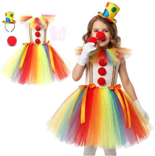 Generico Vestito Clown Bambina - Vestito Carnevale Pagliaccio Bambina Abito da Clown Traspirante Costume Tutu Arcobaleno da Ragazza, Guanti e Forcine per Capelli Inclusi per 2-12 anni Ragazze Cosplay