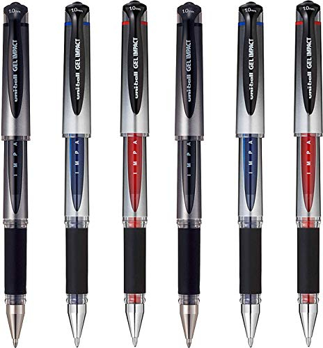 uni-ball UM-153S Signo Impact Gelschreiber, gummierter Griff, Gel Super-Tinte, fälschungssicher, 1 mm breite Spitze, 6 Stück je 2 schwarz/blau/rot