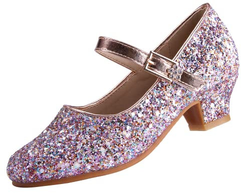 EIGHT KM Niñas Tacones Bajos Mary Jane Vestido Formal Bombas Zapatos EKM7015 Brillo Brillante Champaña Luminosa Talla 36