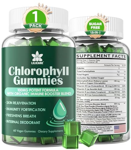Chlorophyll Gummies - Super Green with Wheat Grass, Sea Moss, Unfiltered ACV & Elderberry, Echinacea, Zinc Complex & Vitamin D3, C, E, B12 for Natural Deodorant, Immune & Digestion Support, 60 Chews