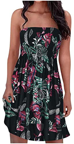 2022 Bandeau Dresses for Women UK Strapless Boho Shirred Tube Top Dress Pleated Sleeveless Party Dress Hawaiian Sundress