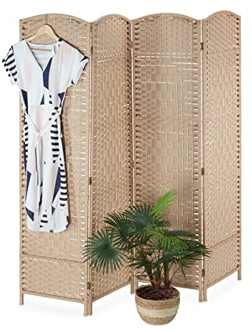 Relaxdays Skärm, 4 delar, vikbar rumsavskiljare, HxB: 180 x 180 cm, insynsskydd inuti, ogenomskinlig skiljevägg, natur