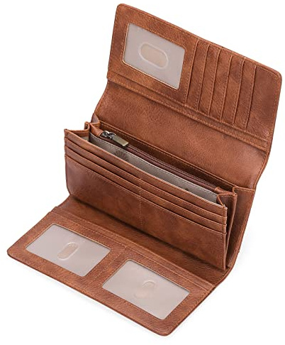 GOIACII Damen Leder Geldbörse RFID-Schutz Portemonnaie Groß Lang Brieftasche mit Reißverschlussfach Braun