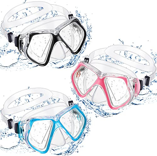 Fabbay 3 Pieces Swimming Diving Goggles with Nose Cover Adult Swim Snorkel Goggle Swim Goggle Pack Pool Goggles for Youth Men Women (Black, Pink, Sky Blue)