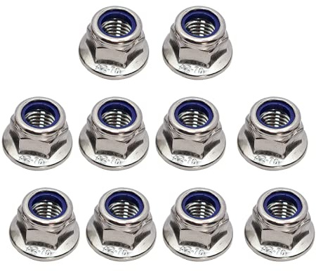 M12x1.75mm DIN6926 Flange Nylon Lock Nuts 10 Pack 304 Stainless Steel Hex Locknuts Full Thread for Industrial Construction Fasteners
