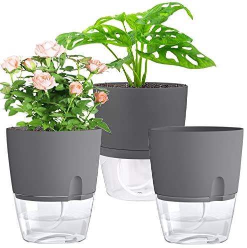 Xingsky Pot Herbes Cuisine, Lot de 3 Plantes Aromatiques Interieur Gris Pots de Fleurs Auto-Arrosants DiamèTre 15.3cm Haut 18.2cm RéServoir d'eau pour Plantes D'IntéRieur Fleurs, Herbes