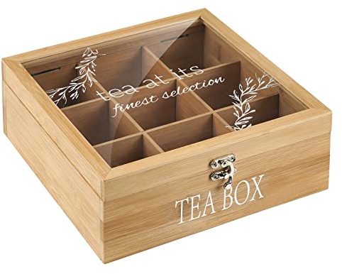QILICZ Tea Box Wooden Tea Caddy Tea Bag Holder Tea Bag Organiser Tea Chest Tea Storage Box with 9 Compartments and Glass Cover for Home Use Gift