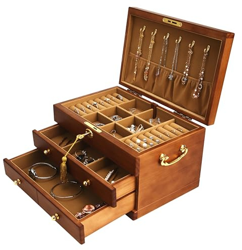EURIELK Wooden Jewelry Box with Lock and Key for Women, 2 Drawers Medium Size Real Natural Wood Lockable Antique Girls Organizer Boxes with Large Storage, Ring Compartments, Built in Necklace Hooks