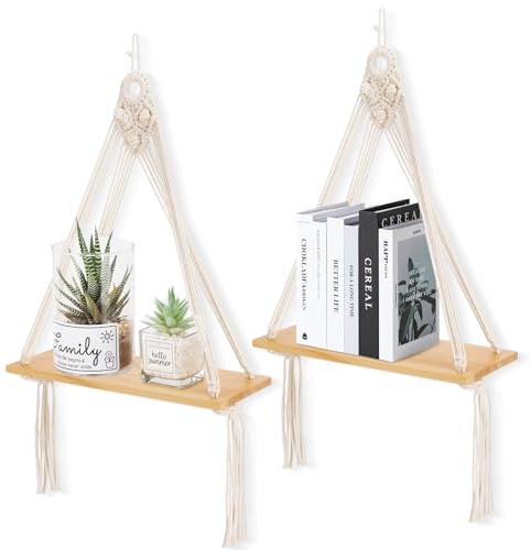 Sunkaioo Macrame Wall Hanging Shelf Set of 2,Boho Wooden Display Floating Shelves for Wall Decor with Handmade Woven Rope,Farmhouse Rustic Plant Shelf for Bedroom Dorm Nursery Living Room Bathroom