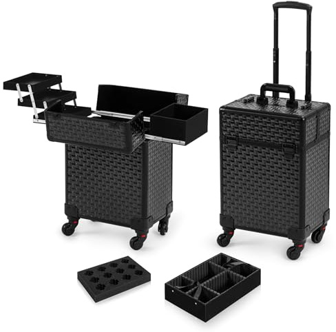 AROUS Rolling Makeup Train Case, Large Storage Cosmetic Trolley with 4 Aluminum Trays, 360 Swivel Wheels, Keys, Traveling Cart Trunk for Nail Technicians Hairstylist, Black