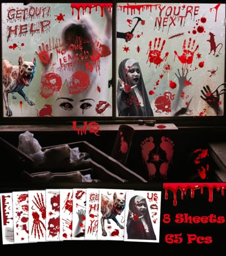 Octonluck Immagini per finestre con decorazioni di Halloween infestate, 65 pezzi impronte di mani insanguinate Adesivi insanguinati di Halloween, finestre con decorazioni horror di Halloween