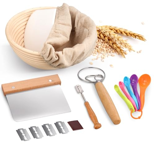 Jeensley Banneton - Juego de cestas a prueba de pan con folleto y suministros para hornear, cuenco redondo de 9 pulgadas con forro y herramientas de fabricación, kit de inicio de masa madre, hecho a