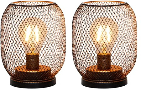 TRIROCKS Set of 2 Battery Operated Table Lamp, Metal Cage Cordless Lantern with LED Bulb, Oval Vintage Decorative Outdoor Lights for Weddings, Parties, Patio for Indoors Shelf