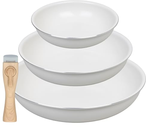 Deleca Lot de 3 poêles Japandi - Diamètre : 20/24/28 cm - Sans PTFE, PFAS et PFOA - Avec poignée amovible - Poêle professionnelle à induction - Poêles à revêtement antiadhésif - Cooking Pan - Blanc