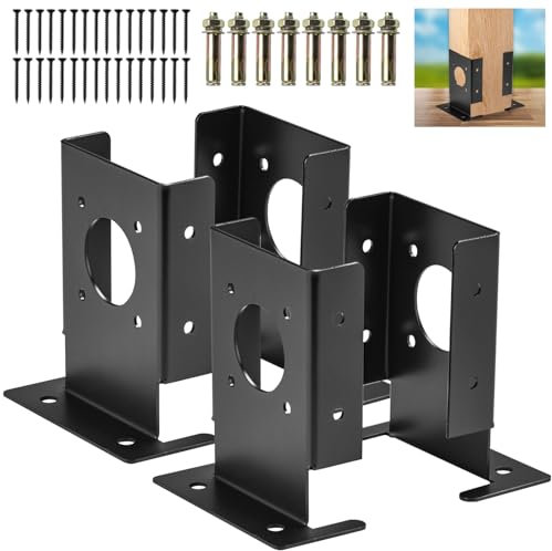 4PCS Adjustable Wood Fence Pergola Post Base Brackets Fit 4x4 inch Post, LAVANE Heavy Duty Metal Black Post Anchor Base Brackets Kit Support for Deck Railing Mailbox