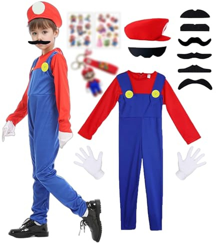 ChouGlow Super Brüder Cosplay Kostüm,Super Klempner Kostüm Set mit Mütze Schnurrbärte Handschuhe Mari und Lugi Kostüm Brothers Jumpsuit Halloween Karneval Kostüm Set für Kinder Damen Herren