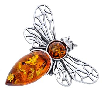 AMBEDORA Damen Silber Brosche Biene mod.3 mit Bernstein, Poliertes Sterling Silber, Baltischer Natur Bernstein in Cognac Farbe