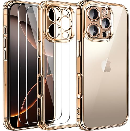 ivoler Nie Vergilbung Klar Hülle für iPhone 16 Pro Max, 1 Handyhülle mit 2 Stück Panzer Schutz Glas und Positionierhilfe, Militärischer Schutz Stoßfest Transparent Schutzhülle Dünn Case -Gold