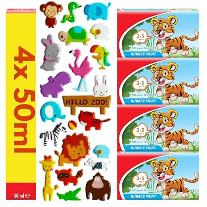 4 Pack Bundle - Kids Bubble Fruit Toothpaste, 4 x 50ml, Ages 2-5 Years (Packaging May Vary). A Hadco Bundle with Our Complimentary Puffy Sticker Sheet (Sticker Design Picked At Random)
