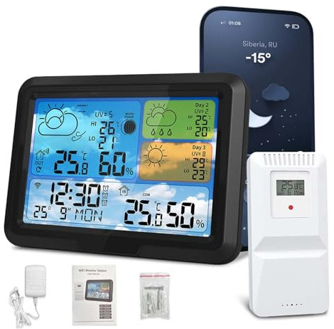 Geevorks Station Météo Avec Capteur Extérieur, température/humidité intérieure et extérieure, baromètre et phase de lune, réveil, 150 M de distance d'émission