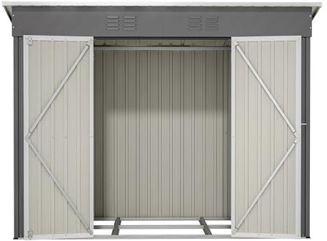 Metall Gerätehaus– Wetterfester Gartenschuppen mit Metallfundament ohne Boden, abschließbar, mit Belüftung und Schrägdach, ideal für Garten Terrasse Outdoor Lager (Grau, 8x4 FT)