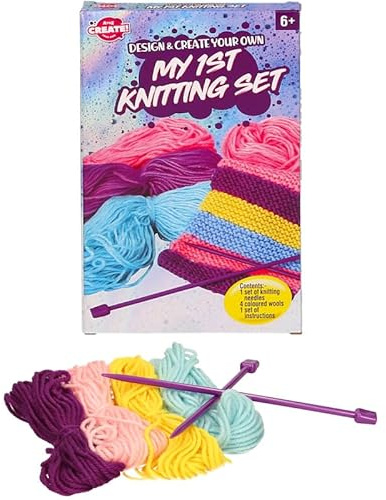 My 1st Knitting Set, Design and Create Your Own, is Ideal for Beginners and Children, Kit Includes Instructions, Coloured Wool, and Needles (1 Pack)