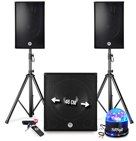 Kit audio DJ Prestazioni BM Bmsonic 2700W - Altoparlanti DJ 15 + Cassetto 18 + Piedi - USB/BLUETOOTH - Set di luci