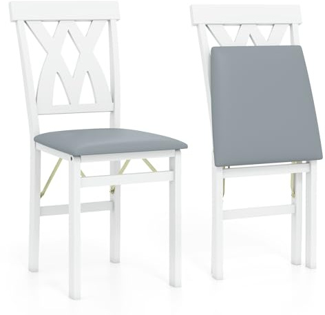 COSTWAY Lot de 2 Chaises de Salle à Manger Pliantes en Bois, Chaise de Cuisine avec Cadre en Bois de Caoutchouc, Siège Rembourré, Dossier Incurvé, pour Maison, Bureau, Appartement (Blanc)