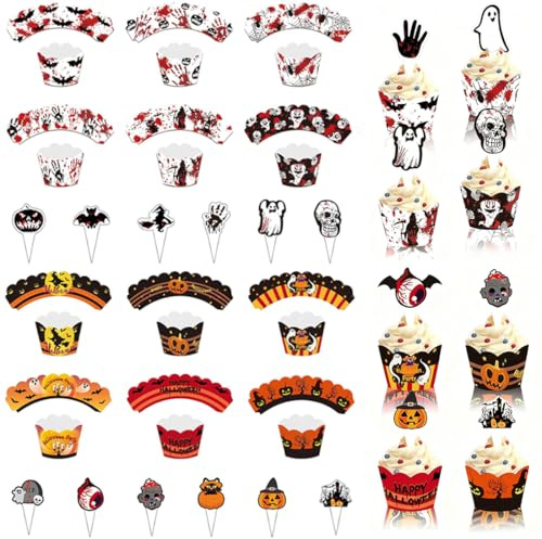 24 envoltorios y adornos para cupcakes de Halloween, decoración para cupcakes, decoración de tartas de fiesta, esqueleto de fantasma de calabaza araña, decoración para magdalenas