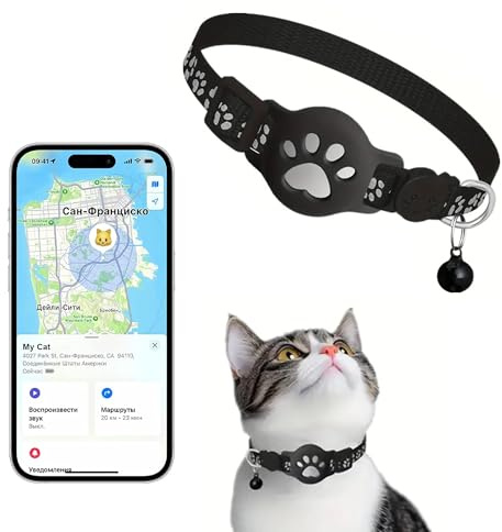 Cat Tracker Collar with Integrated Holder, Airtag Cat Collar Compatible with Apple Find My, Lightweight Cat Tracker No Monthly Fee for Cats, Adjustable Reflective Nylon Pet Collar with Bell