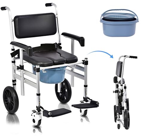 Shower Chair with Wheels Aluminum Alloy 4 in 1 Foldable Height Adjustable Shower Wheelchair, Sturdy Rolling Shower Chair with Large Commode for Seniors (Black)