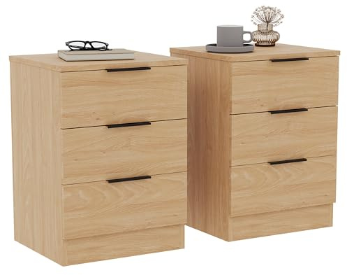 Vida Designs Trega - Set di 2 comodini a 3 cassetti, in legno di pino, compatti e salvaspazio, 50 x 39 x 28 cm, in legno ingegnerizzato, con cassetti scorrevoli, maniglie nere, ideale per camera da
