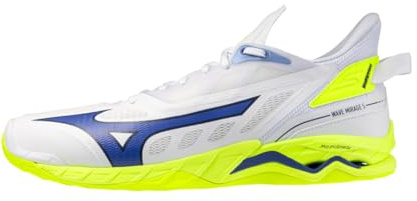 Mizuno Wave Mirage 5 Chaussures de Handball, Blanc Bleu Jaune Fluo, Lire avec Amortissement Dynamique et Technologie Wave, Blanc, 46 EU