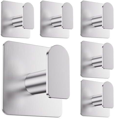 Aikzik Strong Self Adhesive Hooks - 6 Pack Heavy Duty 8kg(Max), Stainless Steel Sticky Hooks for Hanging for Towel, Coat, Robe, Stick on Bathroom, Kitchen, Door and Wall, Silver