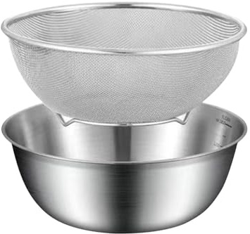 Juego de escurridor de acero inoxidable – Colador de malla de 2 piezas y kit para mezclar, escurridor resistente al óxido con diseño de pie, enjuagadora para cereales y recipiente para fre