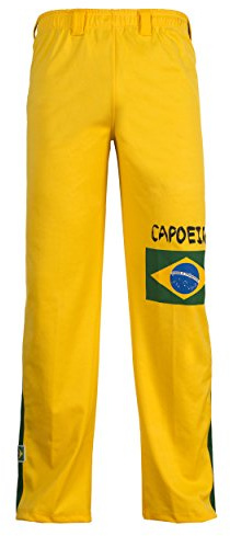 JL Sport Pantalones Auténticos Brasileños Capoeira Artes Marciales Hombres (Amarillo con La Bandera De Brasil) - L