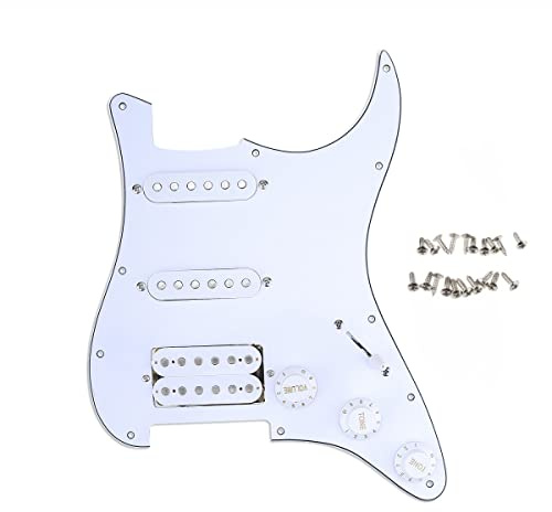 Musiclily 11 Fori HSS Battipenna Precablato Strato Loaded Pickguard con Pick-ups Single Coil Humbucker Set per Chitarra Elettrica Fender USA/Mexican Stratocaster Squier, 3 Strati Bianco