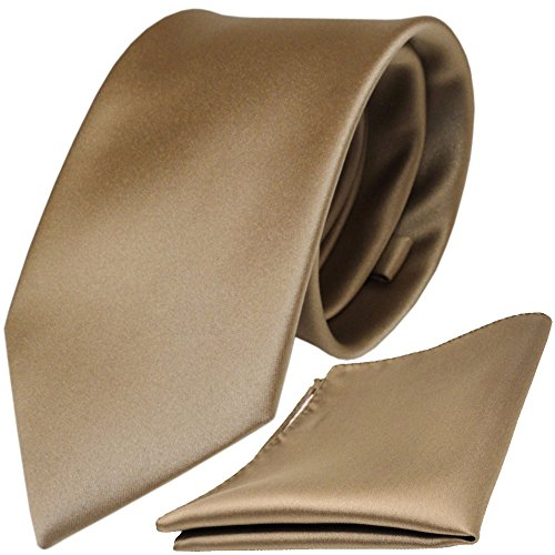 TigerTie Designer Krawatte Einstecktuch in braun goldbraun einfarbig uni