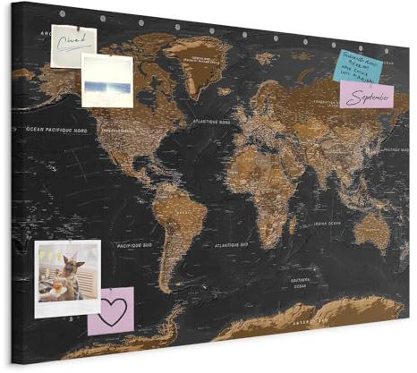 murando - Tableau à Épingles et Peinture sur Toile Combinés 120x80 cm - Avec Crochets Clous et Punaises Argentées - Panneau en Fibres pour Notes et Affichage - Carte du monde k-A-0298-v-a