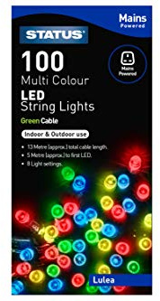 Status 100 LED Multi-Colour String Lights, 8m lit on 13m Cable with 5m Lead, Mains-Powered IP44 Indoor & Outdoor Party Chain, Green Wire (LULEA100MMC6)
