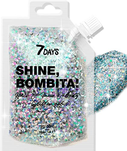 7DAYS Shine, Bombita! Glitter Gel for Face, Hair & Body | Sparkling Face Paint with Chunky Sequins for Party, Rave, Festival & Halloween | Quick-Drying No Glue Holographic Makeup | Silver, 90ml