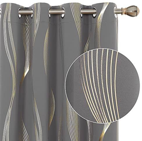 Deconovo Blackout Eyelet Curtains Thermal Insulated Gold Wave Line Foil Printed Curtains for Bedroom 66x90 Inch Light Grey 2 Panels