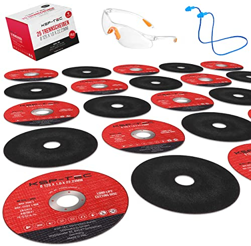 KSP-Tec® 25 disques à tronçonner de 125 x 1,0 mm [avec lunettes de protection et protection auditive] │Disques flexibles pour meuleuse d'angle et Flex 125 mm