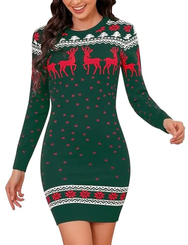 Totatuit Christmas Jumper Dress for Women Novelty Reindeer Snowflakes Knitted Ladies Xmas Dress Long Sleeve Crew Neck Christmas Sweater Pullover Knitwear Dark Green